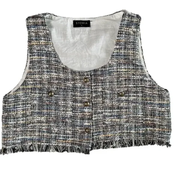 Storia Preppy Crop Tweed Button Up Vest Size M - Picture 1 of 5